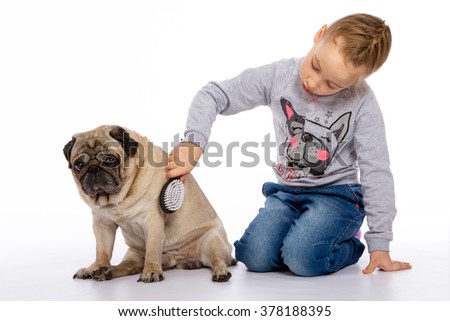 The girl cares for the dog scratching, listening to the stethoscope. isolated background