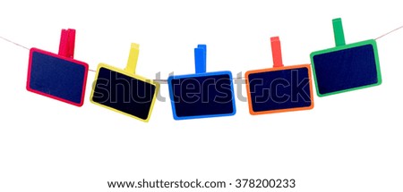 colorful hanging signage wood board clipping on rope isolated on white  background, clipping path