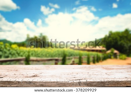 Wooden desk space platform and farm of field background vintage tone.