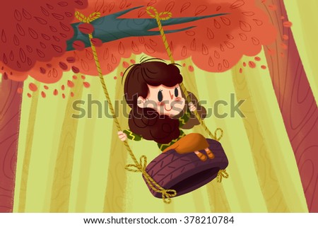 Creative Illustration and Innovative Art: Girl on the Tire Swing. Realistic Fantastic Cartoon Style Artwork Scene, Wallpaper, Story Background, Card Design

