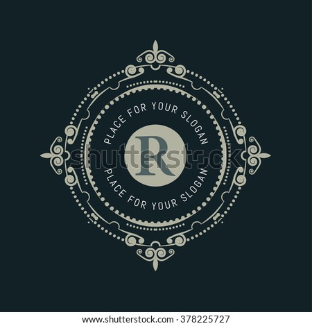 The letter R. Flourishes calligraphic monogram emblem template. Luxury elegant frame ornament line logo design vector illustration. Example designs for Cafe, Hotel, Heraldic, Restaurant, Boutique