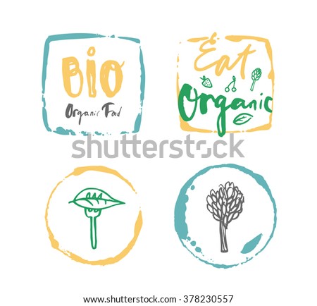 Vector labels of fresh natural local organic food and goods over brushed round splashes