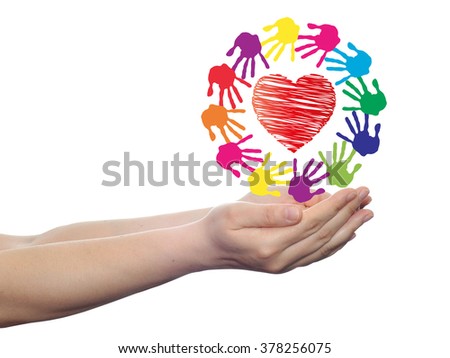 Concept or conceptual red heart symbol with child human hand prints spiral circle isolated on white background, metaphor to love, care, friendship, happy, family, protection, romantic or safety
