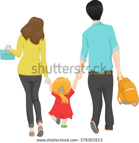 young family walking with her little daughter to a new school