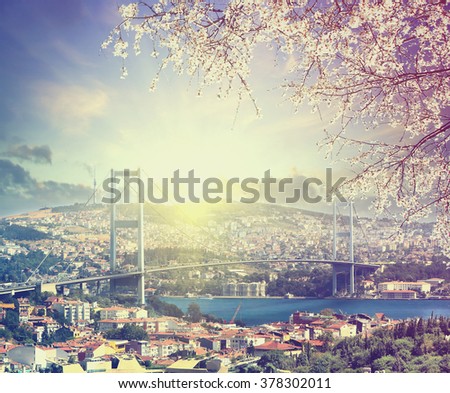 Bridge over Bosporus at spring  sunset , Istanbul , Turkey . Vintage colored picture. Business, Love and travel concept