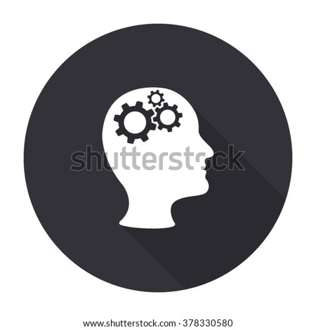 man head with cogwheel gears icon with long shadow - vector round button