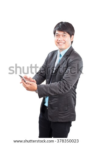 younger business man toothy smiling face with happiness emotion touching on smart phone screen isolated white background