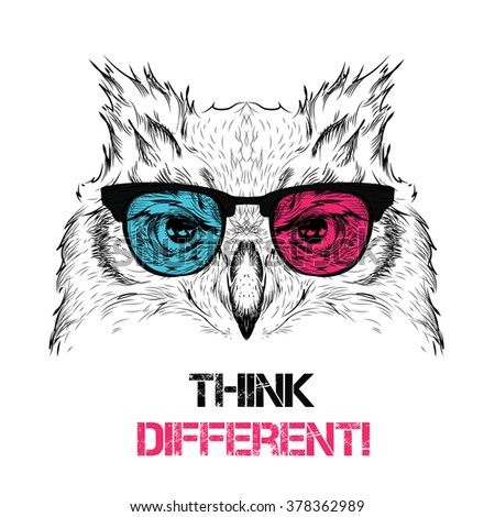 Portrait of the owl in the colored glasses. Think different. Vector illustration.