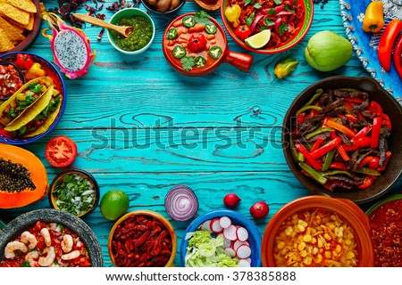 Mexican food mix copyspace frame colorful background Mexico Royalty-Free Stock Photo #378385888