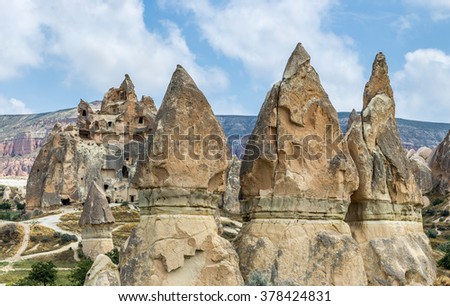 Panorama of the geological formation consisting of volcanic tuff with cave dwelling. Cappadocia in Central Anatolia is a UNESCO World Heritage Site since 1985, Turkey .