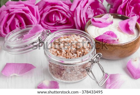 Spa bath salt with roses flowers and petals with body lotion 