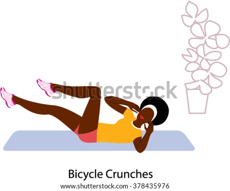 Black woman doing Bicycle Crunches exercise workout on the mat at home.  
