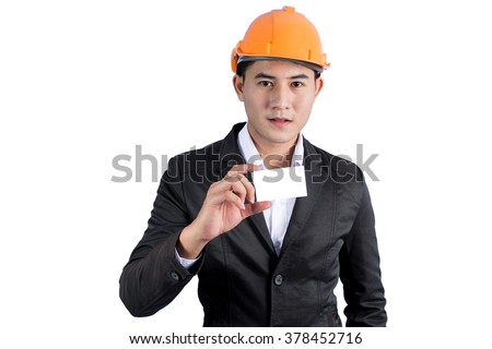 Asian engineer man holding a business card with white background (isolate) 