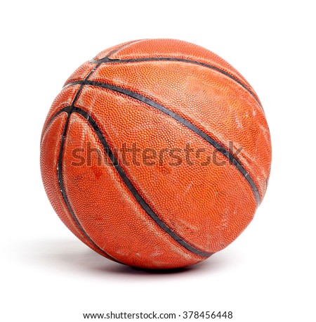 An old rugged and worn out basketball isolated on white background.