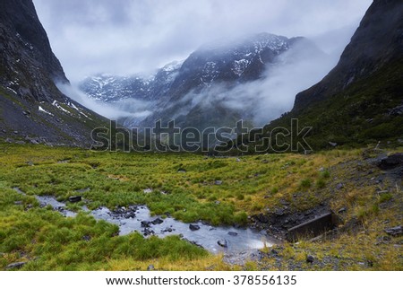 Fiordland Mountain Scene in South Island, New Zealand near Milford Sound. Taken with slow shutter speed,  Soft Focus, Motion Blur due to Low Light Condition