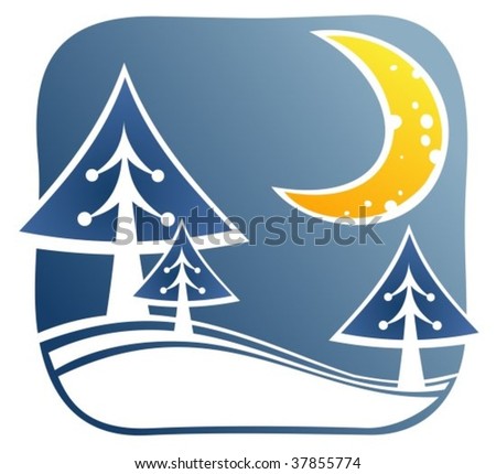 Cartoon  Christmas trees and moon on a blue background.