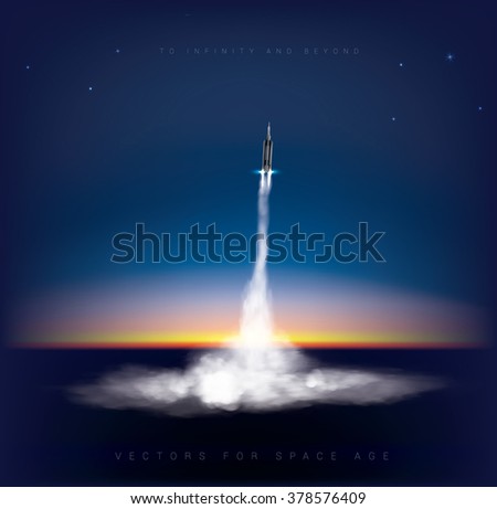 Distant view of rocket launch take off. during early sunrise in background  Vector graphic
