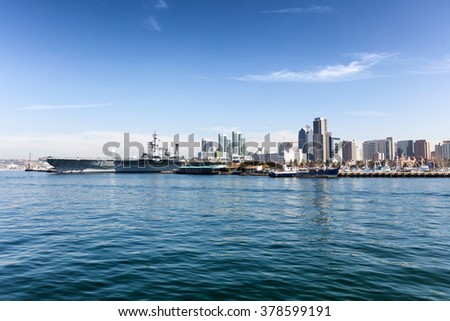 Ocean view of the skyline of San Diego, California during a bright day.  