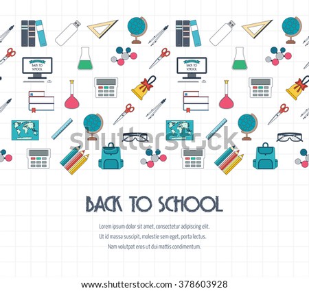 Back to school banner, background, concept with seamless border. Flat design. Vector illustration