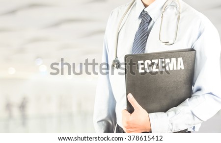 doctor with stethoscope document file word Eczema on modern bokeh background