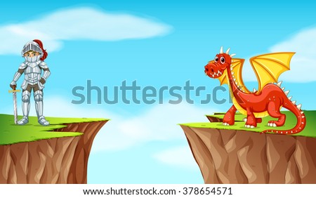 Knight and dragon on the cliff illustration