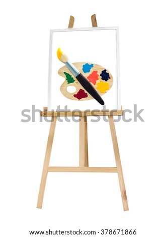 Painting stand wooden easel with color palette 
canvas poster sign board isolated