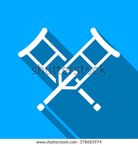 Crutches long shadow vector icon. Style is a flat light symbol with rounded angles on a blue square background.