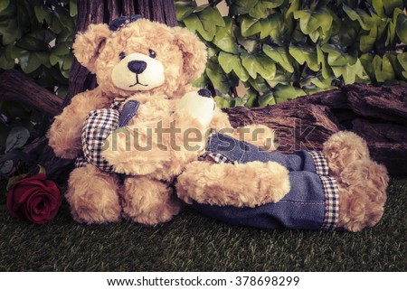 couple teddy bears with rose in the garden, two teddy bear picnic in garden love concept vintage style