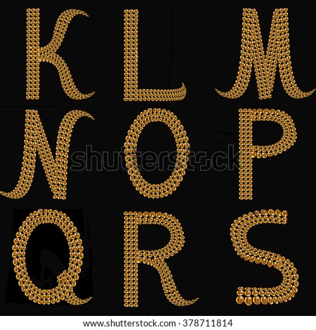 Gleaming Alphabet Letters Uppercase K - S on black background isolated. The texture of the letters - golden shiny droplets, reflective light