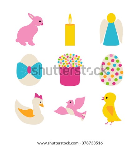 Easter objects isolated over white.Vector illustration of spring holiday symbols.