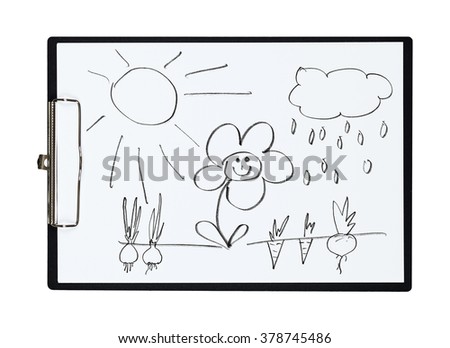 Clipboard and paper sheet with pencil drawing, isolated object