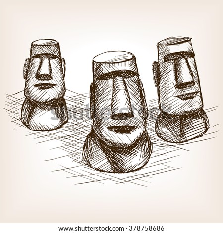 Moai easter island sketch style vector illustration. Old engraving imitation. Moai easter island landmark hand drawn sketch imitation