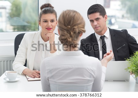 Photo of female applicant during job interview Royalty-Free Stock Photo #378766312