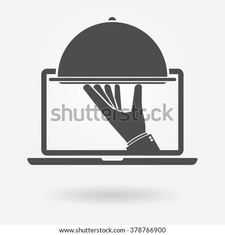 Order food online icon concept. Hand holding silver cloche on a laptop screen. Vector illustration