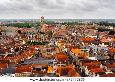 Height shot of historic medieval buildings, canals in Bruges, Belgium, Brugge