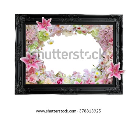Black photograph frame with flower isolate on white background