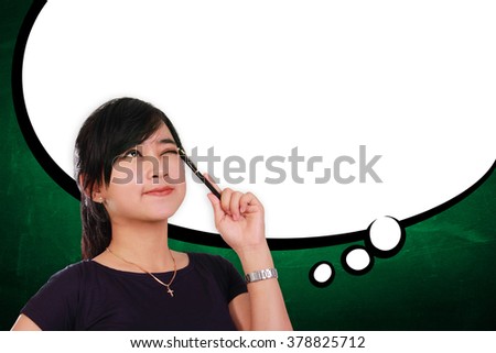 Cartoon style illustration for education / business concept. Smart girl thinking with empty comic balloon for text space on background