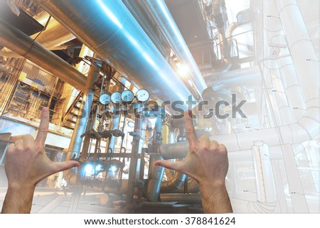 Hands Framing factory Design. Drawing and industrial equipment photo combination 
