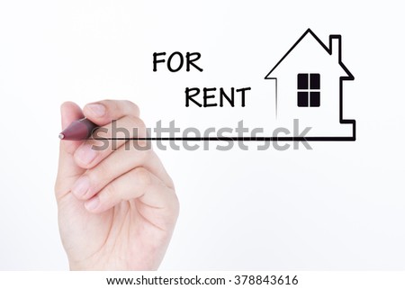 Hand drawing a house with word FOR RENT, financial and real estate concept