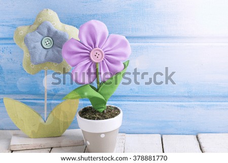 Two decorative flowers in pots  in ray of light on  blue wooden background. Selective focus. Place for text.