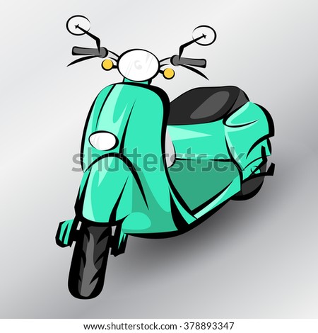 Old turquoise scooter. Three quarters view. Modern vintage ink style. Vector illustration. Retro moped.
