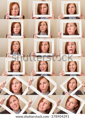 Multiple portraits collage of a beautiful young business woman with red hair and blue eyes holding a picture frame and making different expressions and doing different things.
