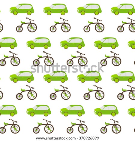 Car and bicycle seamless pattern. Vector illustration of green and white transport background.