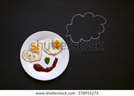 Breakfast, fried eggs in the shape of hearts, smiley, good mood, bright morning, background