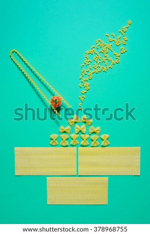 pasta of different varieties laid out in the form of plates with pasta and tomato cherry on a bright emerald blue background. flat layout. Conceptual image. Food color image with deep shadows.