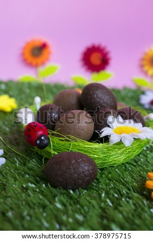 An Easter background with some chocolate eggs, flowers, grass.