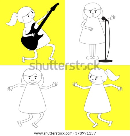 Set of four girls: guitarist, singer, dancer in music band in children play area or in kindergarten
