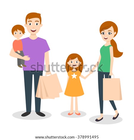 Vector illustration of family: mom, dad and son. Shopping bags. Family shopping with credit card.credit card payment