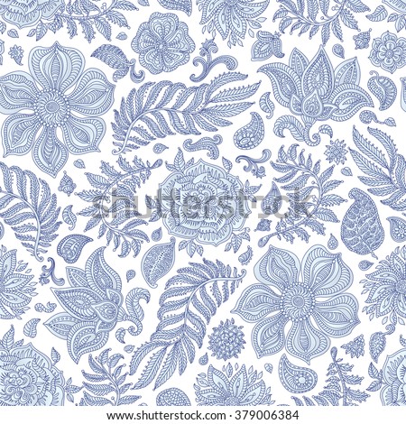 Abstract vector floral seamless pattern. Exotic silver grey Paisley elements, fantastic flower, leaves. Indigo blue thin contour line. White background. Textile bohemian print. Batik painting.Vintage Royalty-Free Stock Photo #379006384