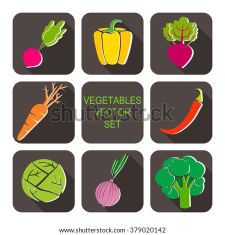 vegetables icon flat set with onion,carrot, broccoli, radish,cabbage, beet and pepper